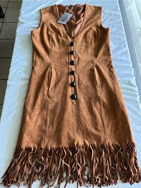 OYROSY Faux Suede Fringe Dress Brown Western Festival Boho Women’s LARGE